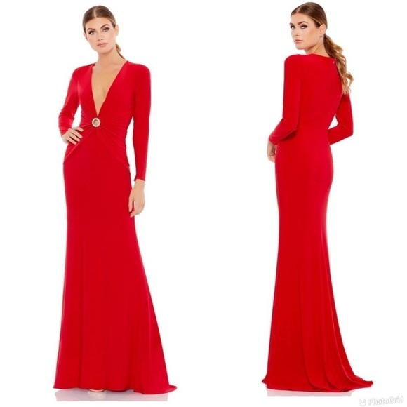 Mac Duggal Gathered Pearl Long Sleeve Keyhole Gown - Picture 1 of 10